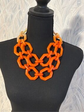 Alisha D. Bold Orange Hexagon Link Statement Necklace 20”
